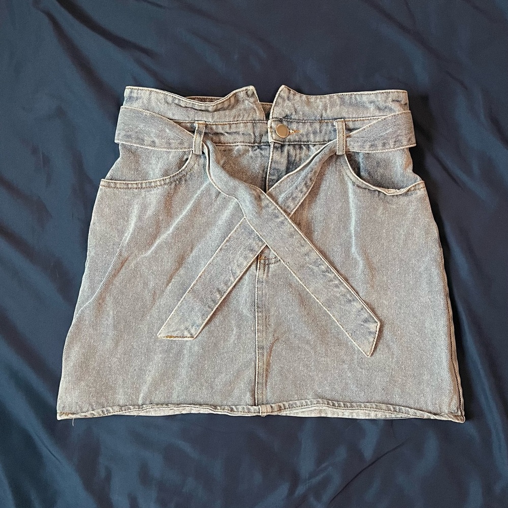 Light Wash Denim High-Waisted Paperbag Skirt